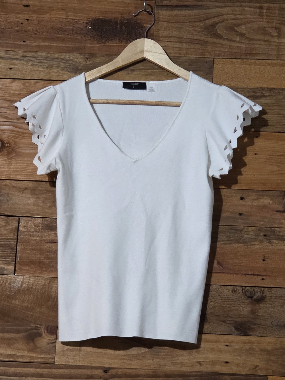 Tahari White Knit Top S/P V-Neck Cutout Flutter Sleeve Career Casual